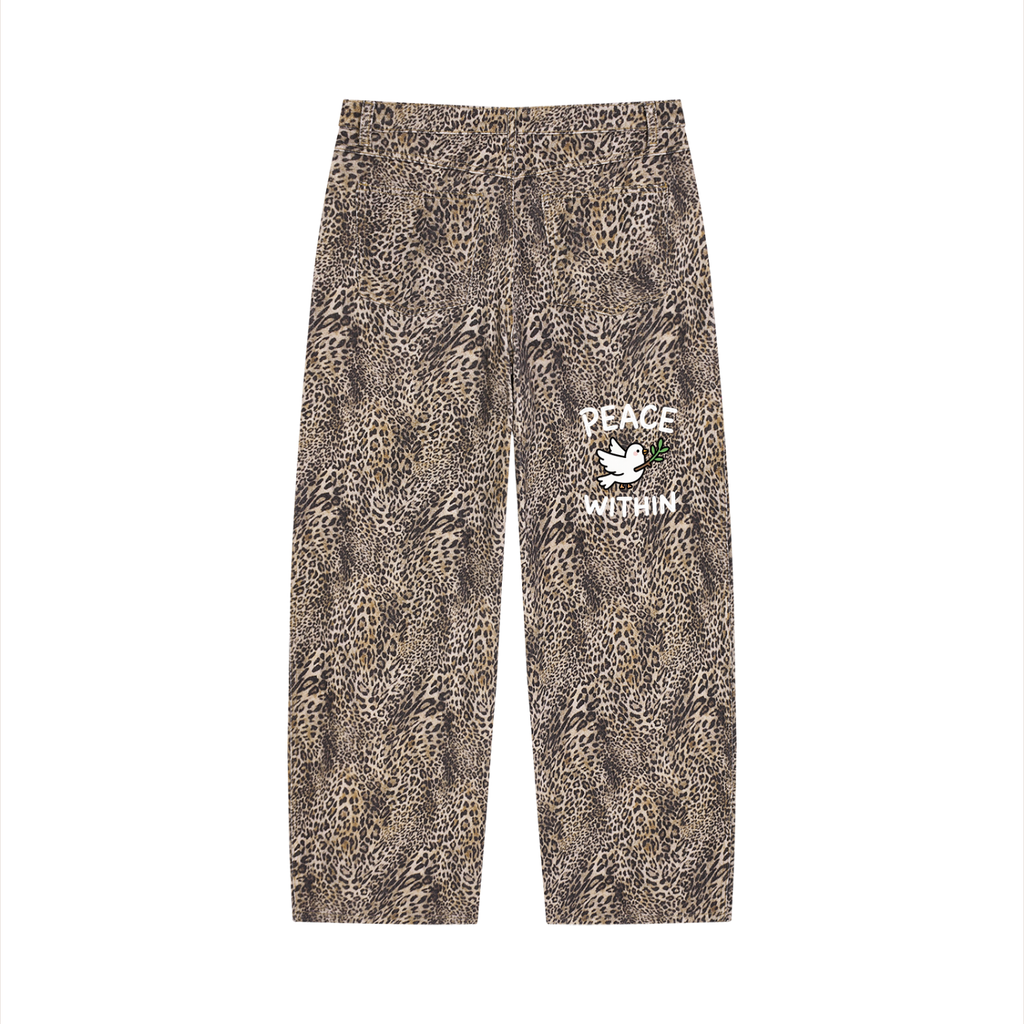 Unisex Vintage Wash Leopard Wide Leg Jeans