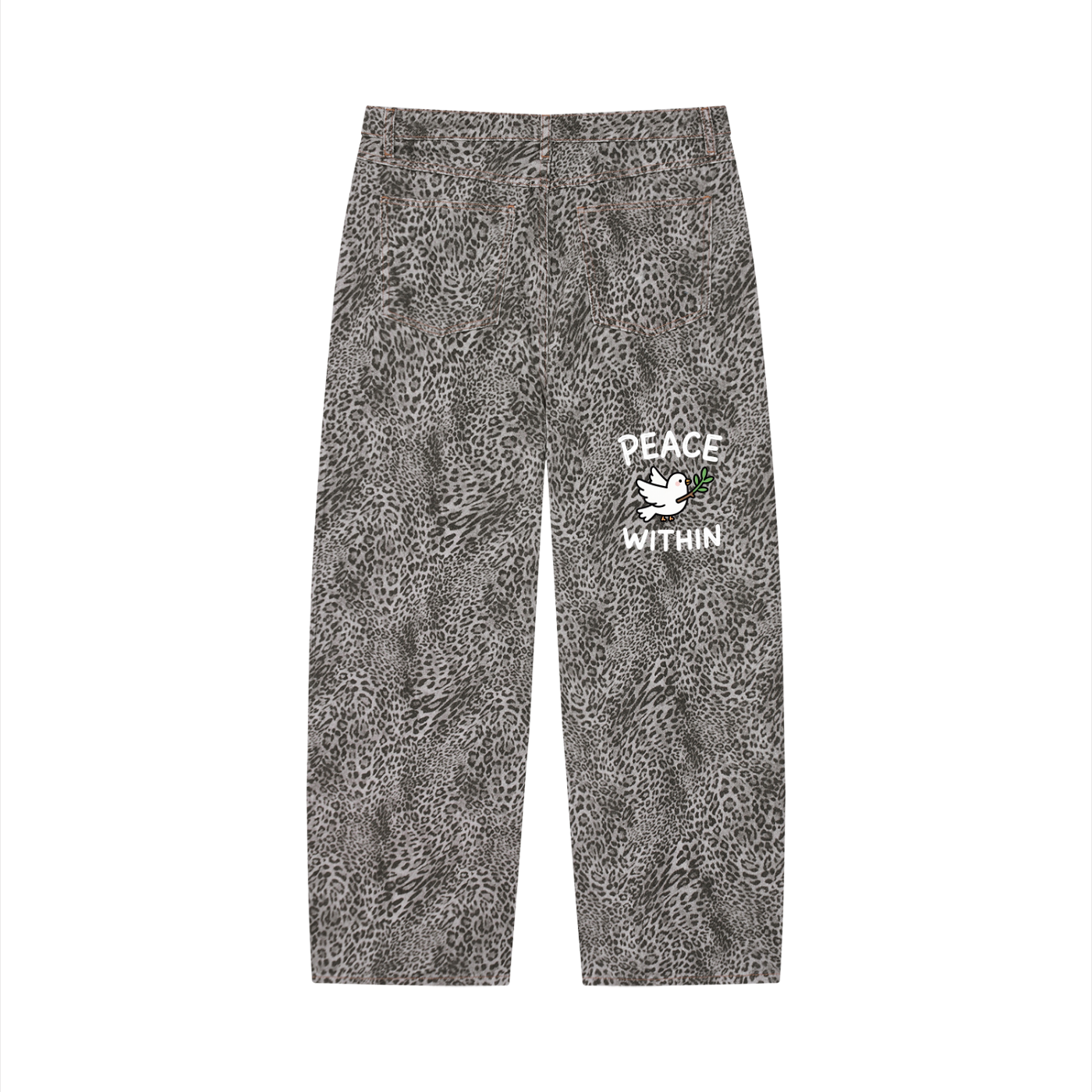 Unisex Vintage Wash Leopard Wide Leg Jeans