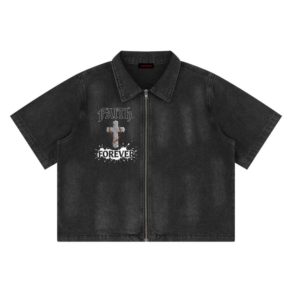 Unisex Vintage Washed Full-Zip Denim Shirt