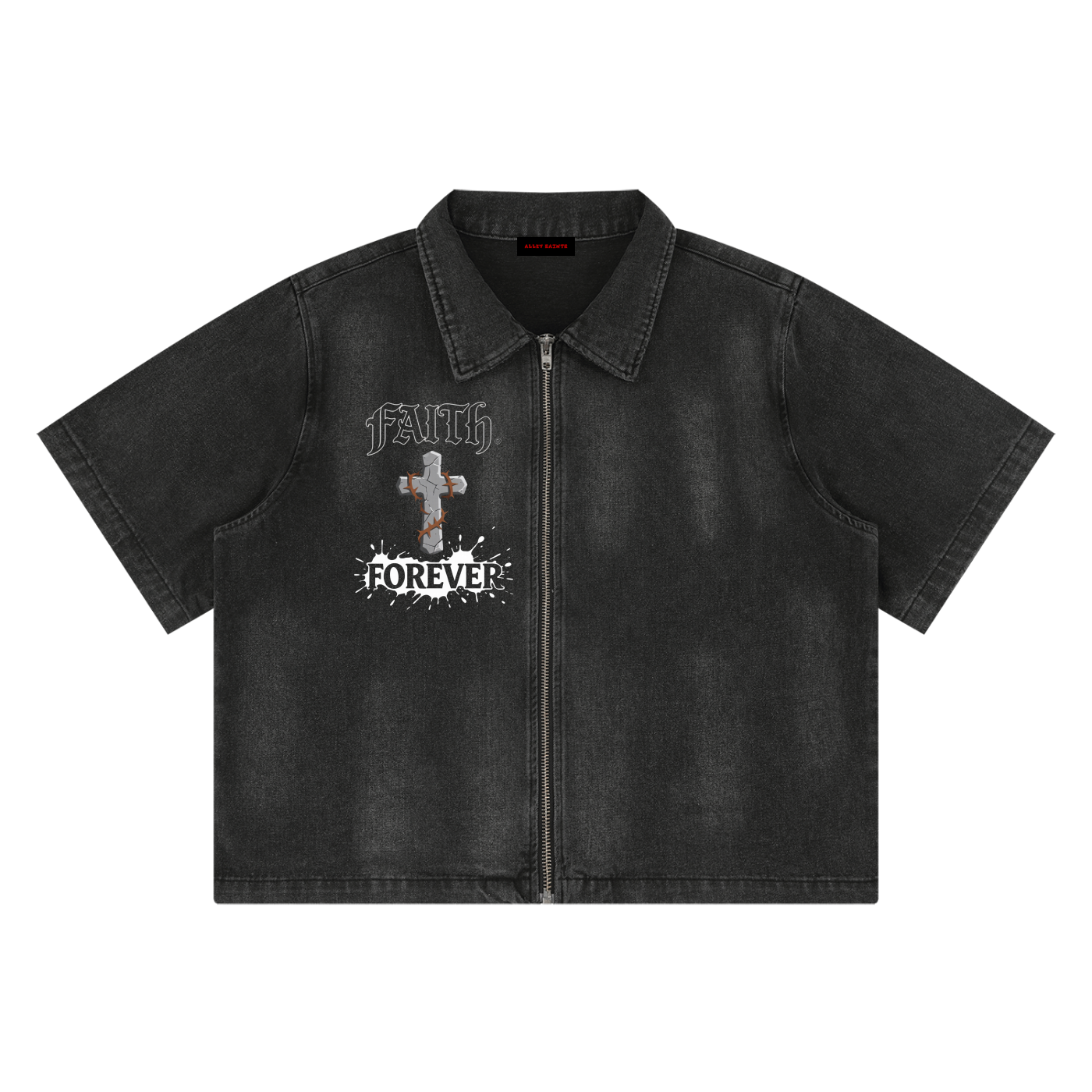 Unisex Vintage Washed Full-Zip Denim Shirt