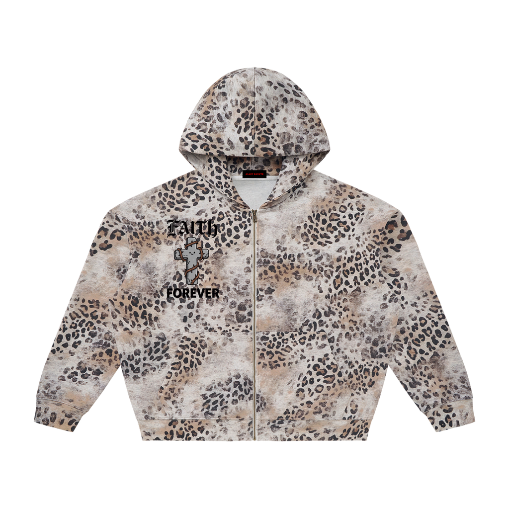 Unisex Vintage Wash Leopard Full Zip Hoodie
