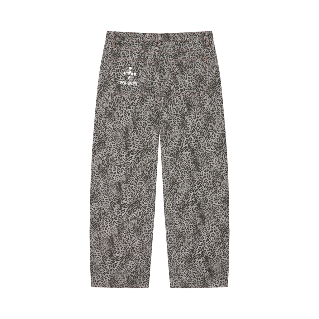 Unisex Vintage Wash Leopard Wide Leg Jeans
