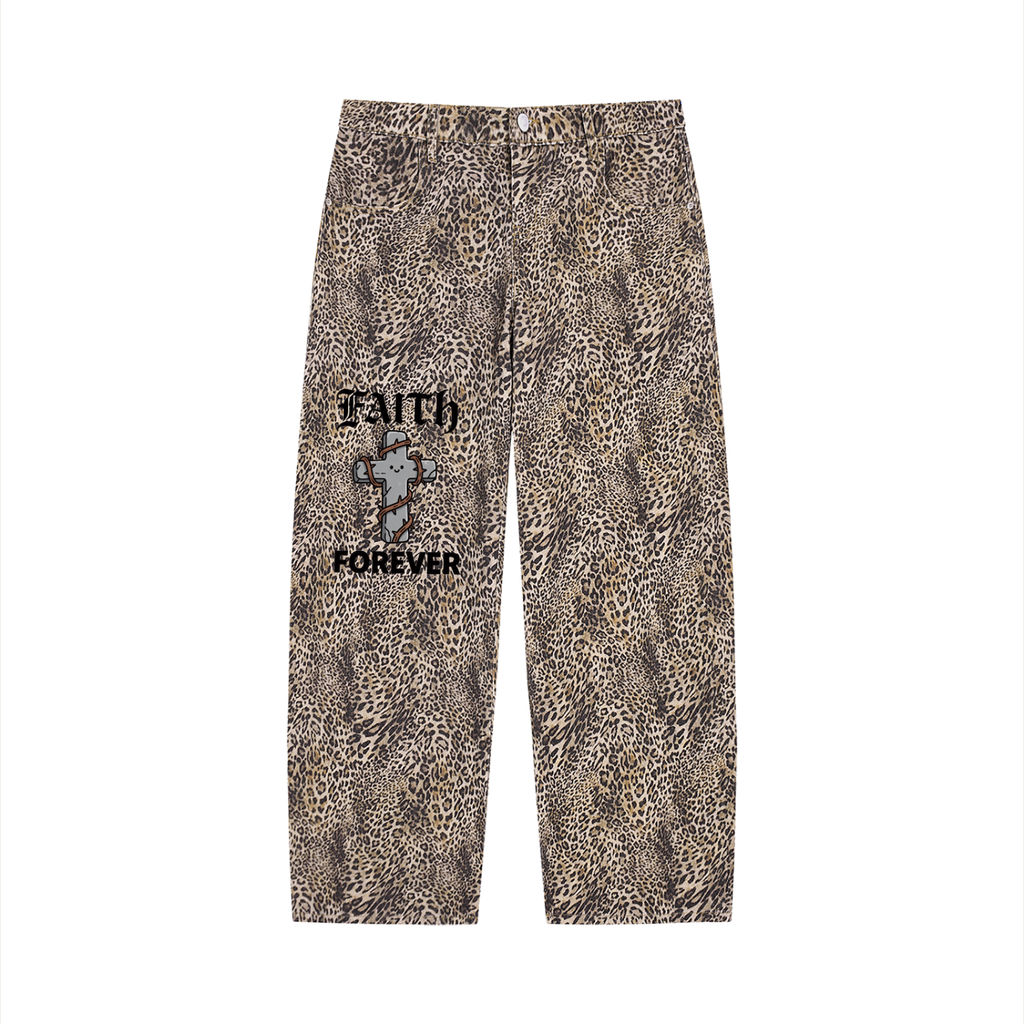 Unisex Vintage Wash Leopard Wide Leg Jeans